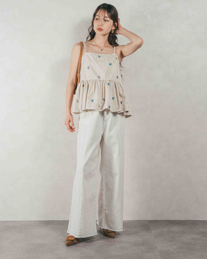 ［SET］Flower刺繍　ボリュームキャミ + 10oz ニュアンスバイカラー リラックスワイドデニム（2SET）