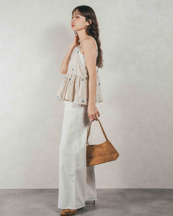 ［SET］Flower刺繍　ボリュームキャミ + 10oz ニュアンスバイカラー リラックスワイドデニム（2SET）