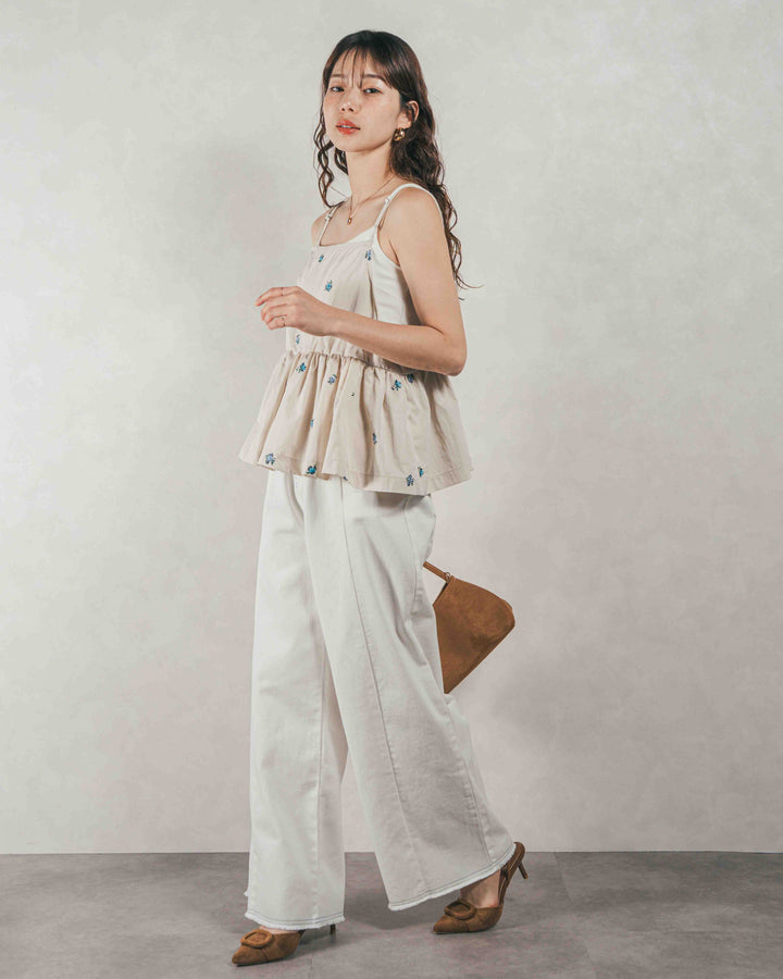 ［SET］Flower刺繍　ボリュームキャミ + 10oz ニュアンスバイカラー リラックスワイドデニム（2SET）