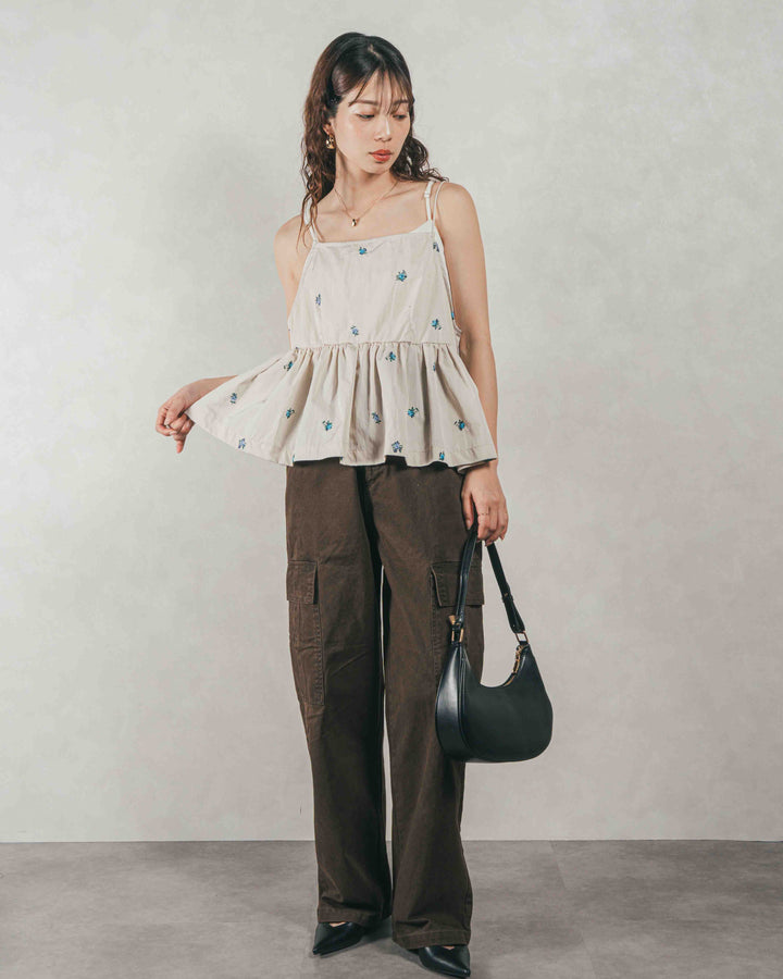 ［SET］Flower刺繍　ボリュームキャミ + ピグメントツイルカーゴパンツ（2SET）