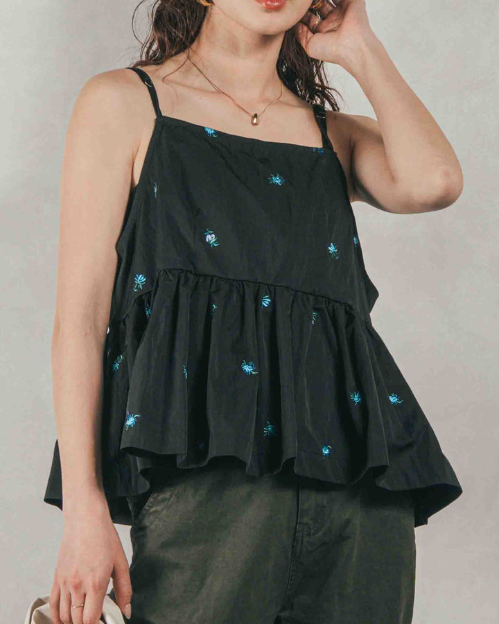 ［SET］Flower刺繍　ボリュームキャミ + 10oz ニュアンスバイカラー リラックスワイドデニム（2SET）