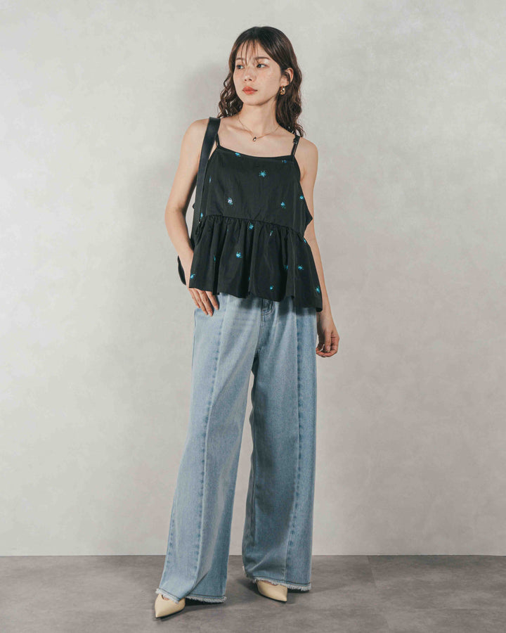 ［SET］Flower刺繍　ボリュームキャミ + 10oz ニュアンスバイカラー リラックスワイドデニム（2SET）