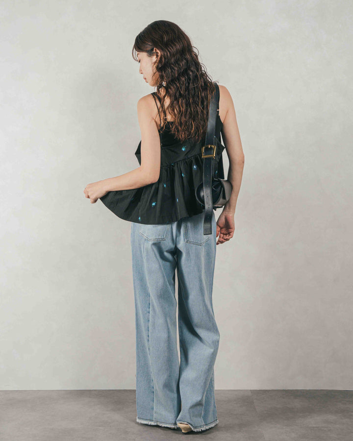 ［SET］Flower刺繍　ボリュームキャミ + 10oz ニュアンスバイカラー リラックスワイドデニム（2SET）