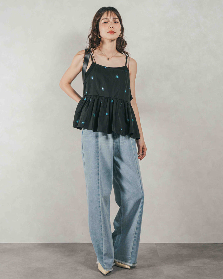 ［SET］Flower刺繍　ボリュームキャミ + 10oz ニュアンスバイカラー リラックスワイドデニム（2SET）