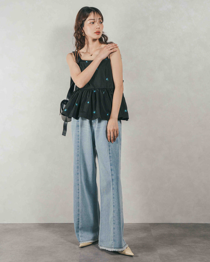 ［SET］Flower刺繍　ボリュームキャミ + 10oz ニュアンスバイカラー リラックスワイドデニム（2SET）