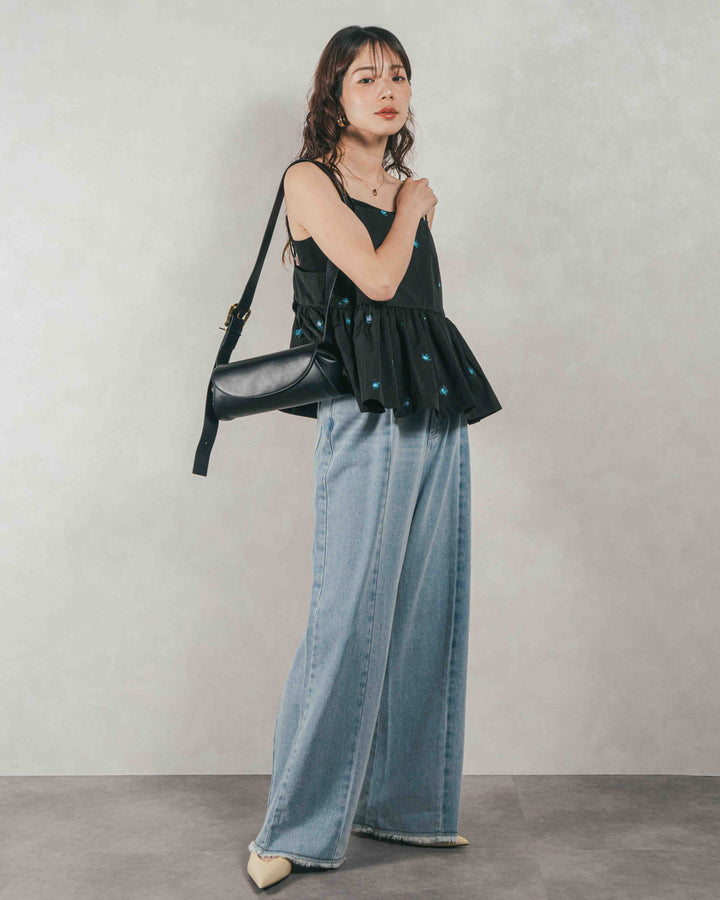 ［SET］Flower刺繍　ボリュームキャミ + 10oz ニュアンスバイカラー リラックスワイドデニム（2SET）