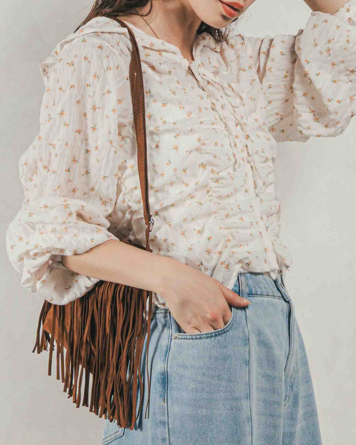 ［SET］Flowerプリントフリルブラウス + 10oz ニュアンスバイカラー リラックスワイドデニム（2SET）