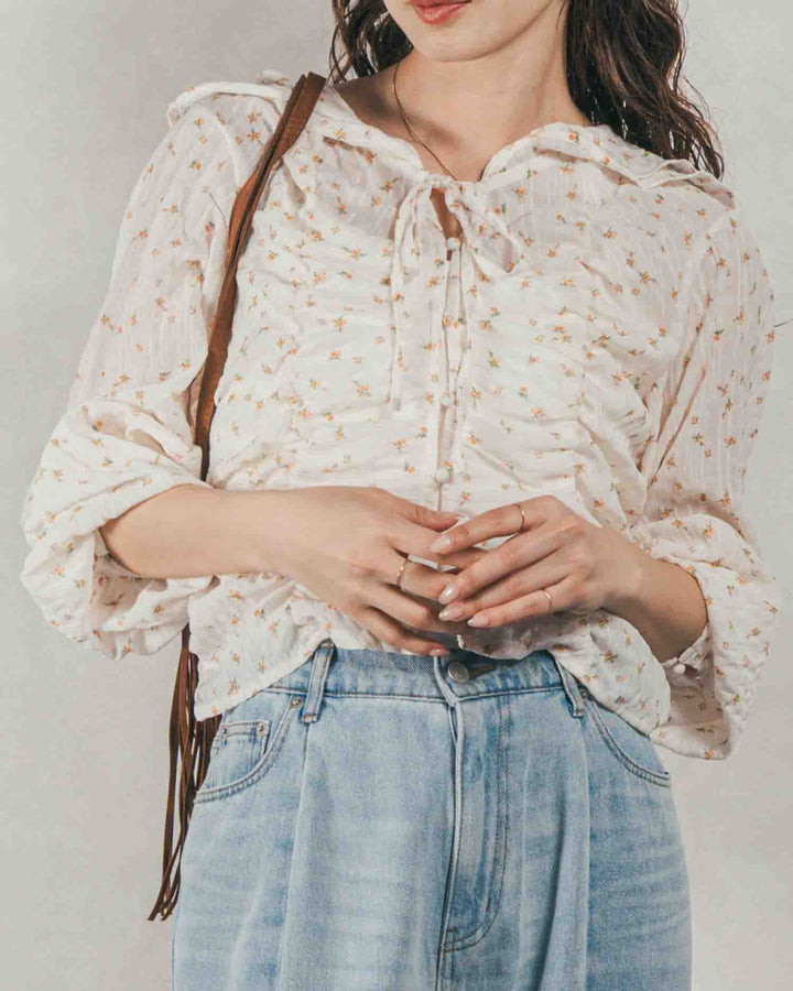 ［SET］Flowerプリントフリルブラウス + 10oz ニュアンスバイカラー リラックスワイドデニム（2SET）