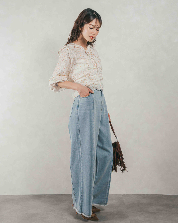［SET］Flowerプリントフリルブラウス + 10oz ニュアンスバイカラー リラックスワイドデニム（2SET）