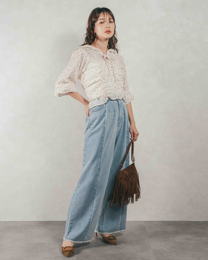 ［SET］Flowerプリントフリルブラウス + 10oz ニュアンスバイカラー リラックスワイドデニム（2SET）