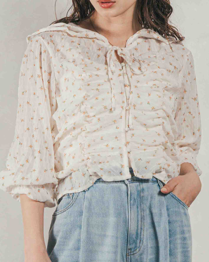 ［SET］Flowerプリントフリルブラウス + 10oz ニュアンスバイカラー リラックスワイドデニム（2SET）