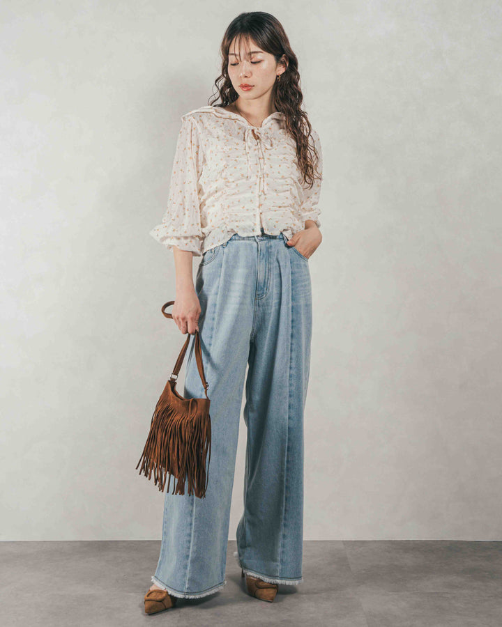 ［SET］Flowerプリントフリルブラウス + 10oz ニュアンスバイカラー リラックスワイドデニム（2SET）
