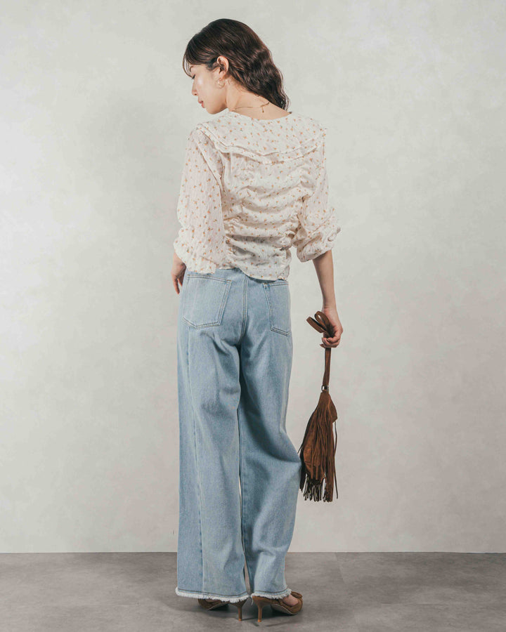［SET］Flowerプリントフリルブラウス + 10oz ニュアンスバイカラー リラックスワイドデニム（2SET）