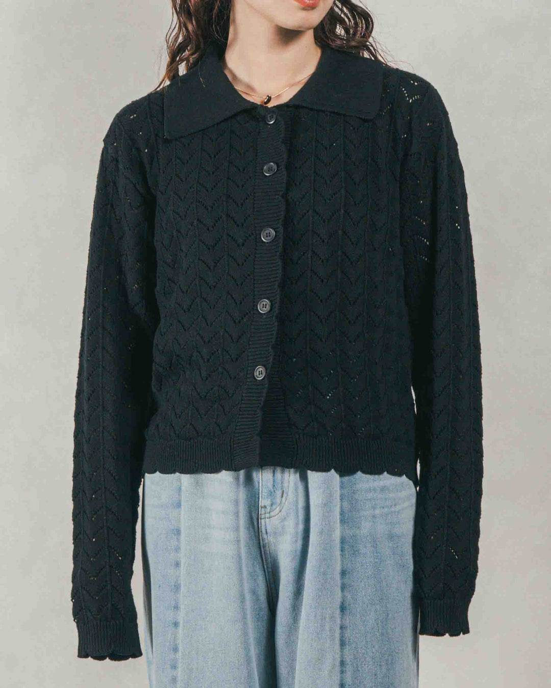 ［SET］透かし編みニット襟付きカーディガン + 10oz ニュアンスバイカラー リラックスワイドデニム（2SET）