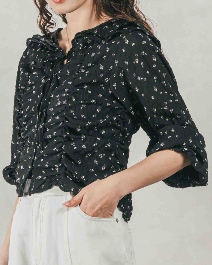 ［SET］Flowerプリントフリルブラウス + 10oz ニュアンスバイカラー リラックスワイドデニム（2SET）