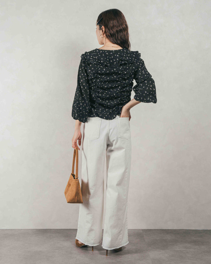 ［SET］Flowerプリントフリルブラウス + 10oz ニュアンスバイカラー リラックスワイドデニム（2SET）