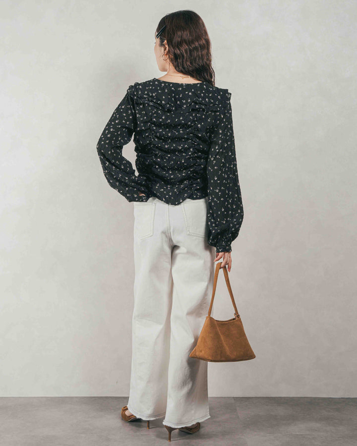 ［SET］Flowerプリントフリルブラウス + 10oz ニュアンスバイカラー リラックスワイドデニム（2SET）