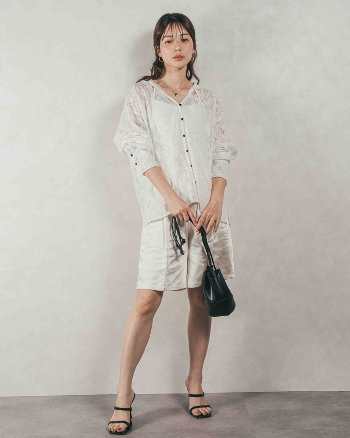 ［SET］Blockレース　フーディーブラウス + Vintageサテンハーフパンツ（2SET）