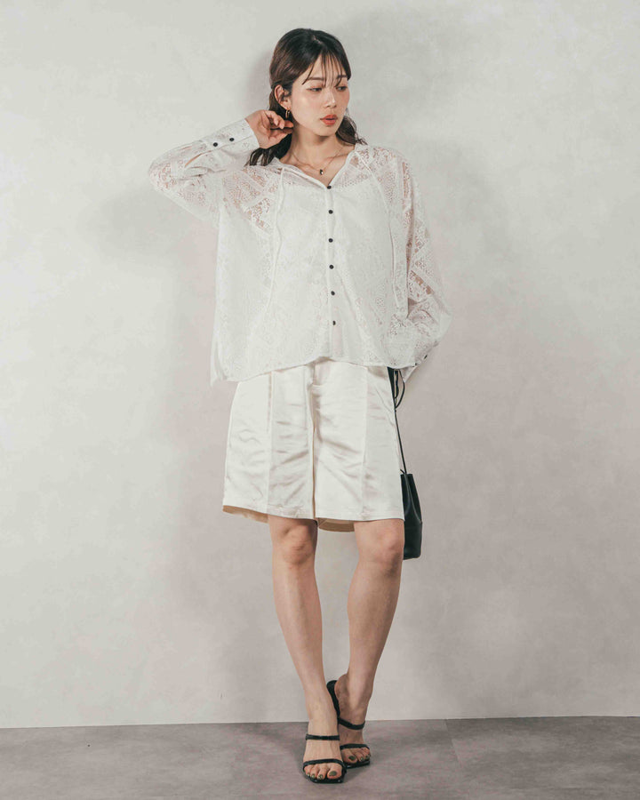 ［SET］Blockレース　フーディーブラウス + Vintageサテンハーフパンツ（2SET）