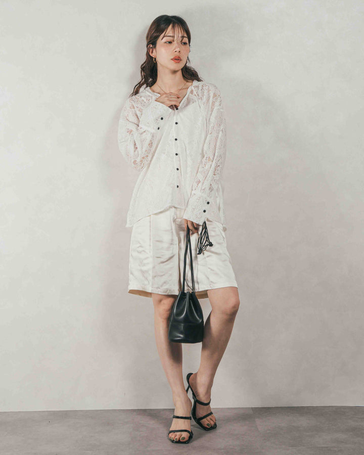 ［SET］Blockレース　フーディーブラウス + Vintageサテンハーフパンツ（2SET）