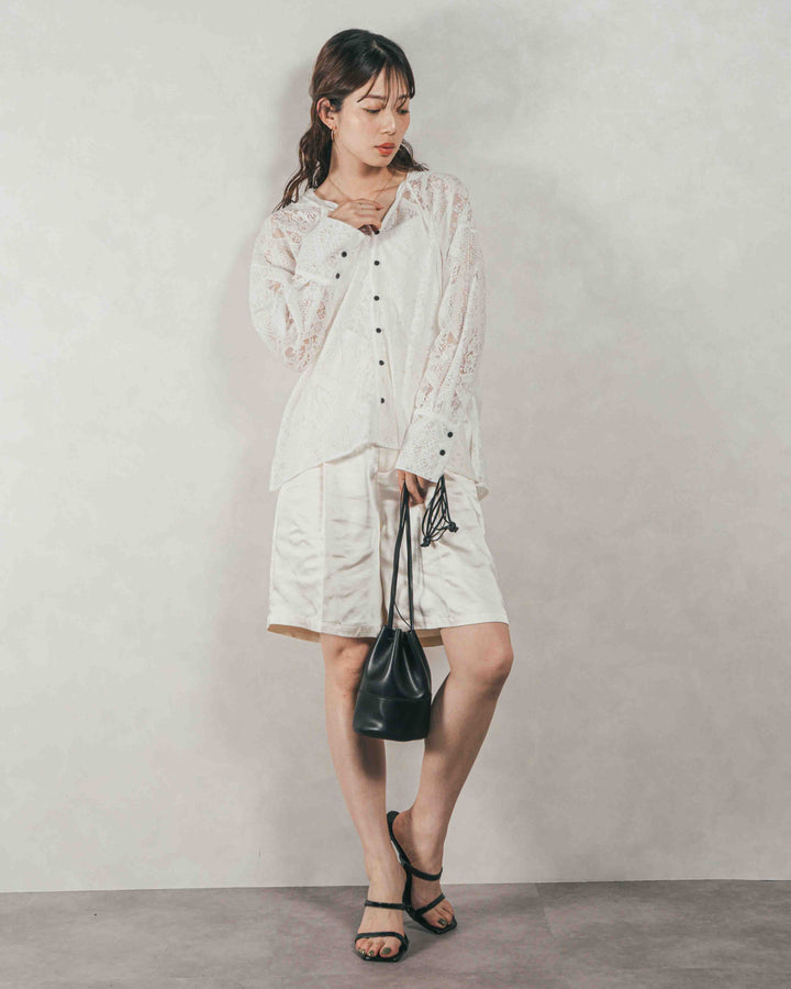 ［SET］Blockレース　フーディーブラウス + Vintageサテンハーフパンツ（2SET）