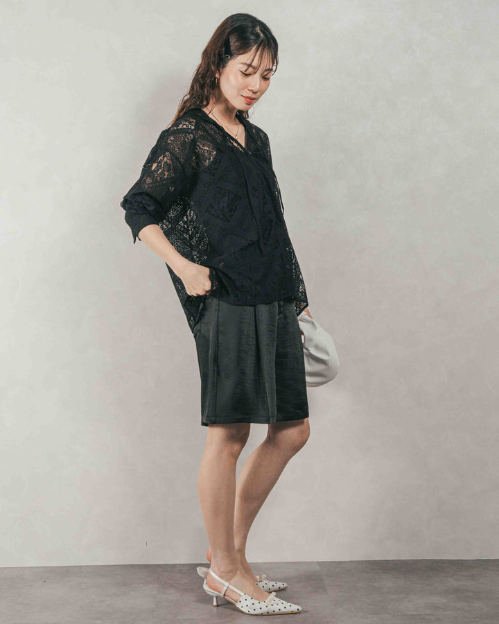 ［SET］Blockレース　フーディーブラウス + Vintageサテンハーフパンツ（2SET）