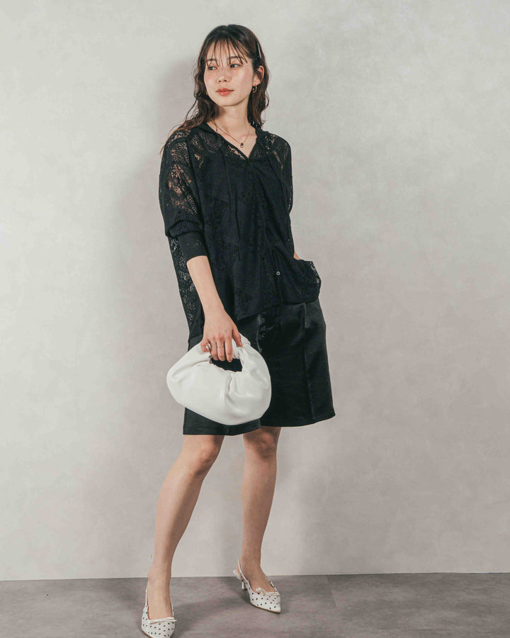 ［SET］Blockレース　フーディーブラウス + Vintageサテンハーフパンツ（2SET）