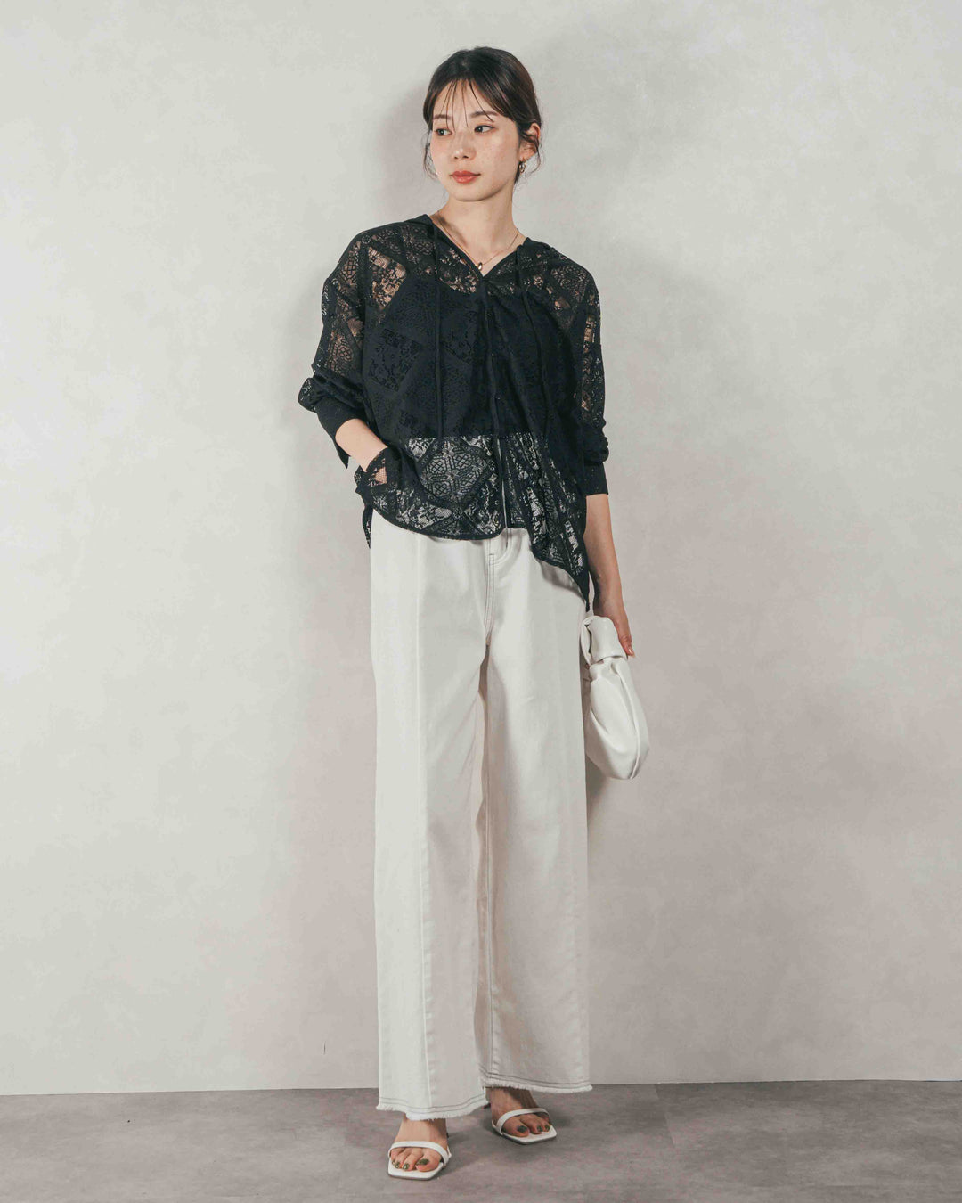 ［SET］Blockレース　フーディーブラウス + 10oz ニュアンスバイカラー リラックスワイドデニム（2SET）