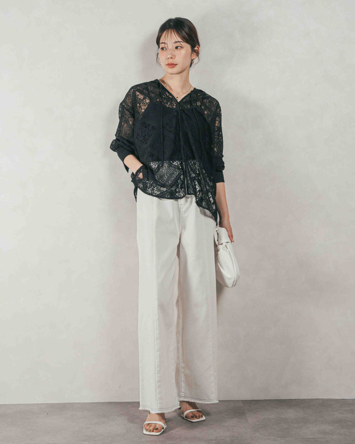 ［SET］Blockレース　フーディーブラウス + 10oz ニュアンスバイカラー リラックスワイドデニム（2SET）