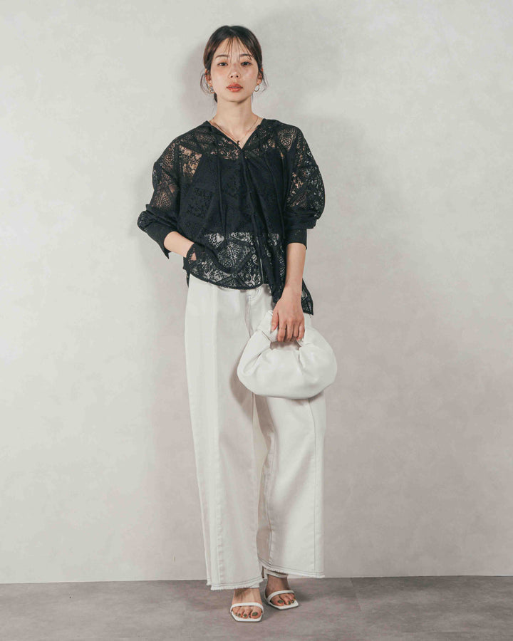 ［SET］Blockレース　フーディーブラウス + 10oz ニュアンスバイカラー リラックスワイドデニム（2SET）