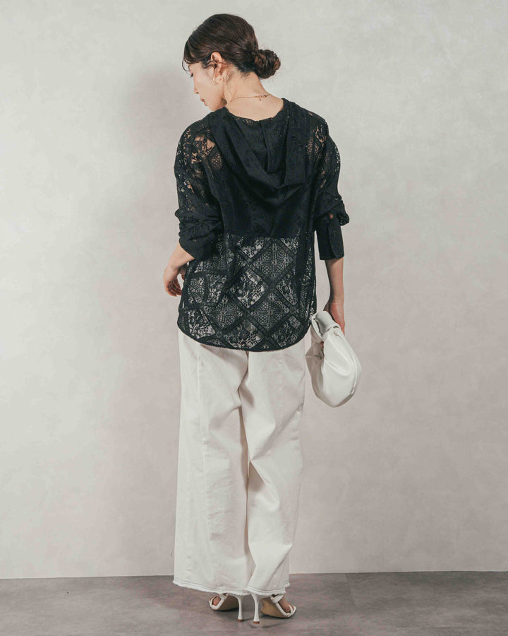 ［SET］Blockレース　フーディーブラウス + 10oz ニュアンスバイカラー リラックスワイドデニム（2SET）