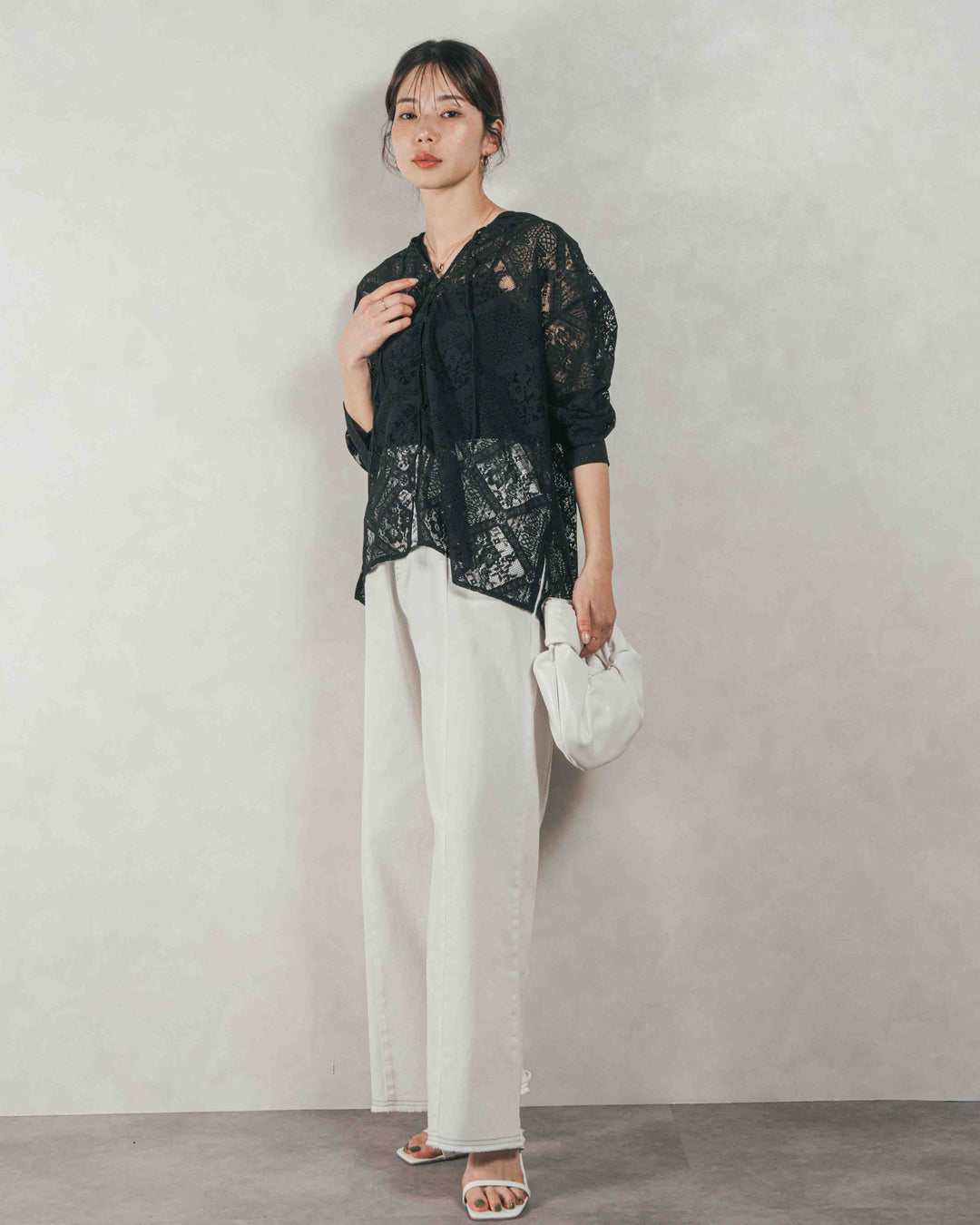 ［SET］Blockレース　フーディーブラウス + 10oz ニュアンスバイカラー リラックスワイドデニム（2SET）