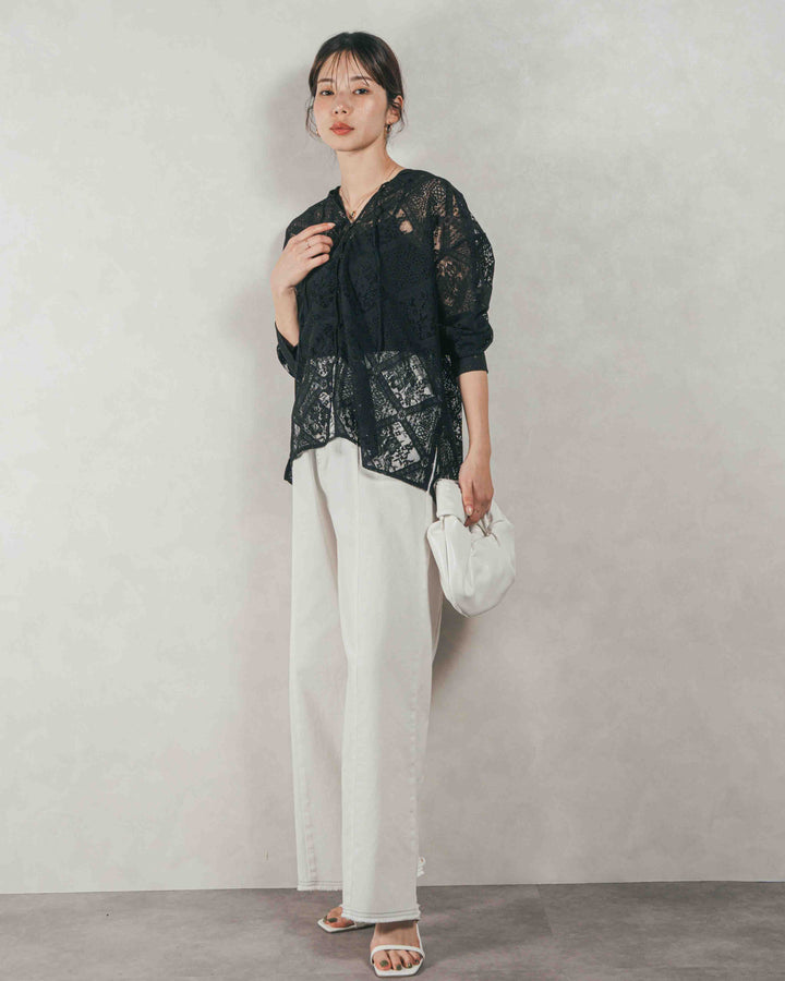 ［SET］Blockレース　フーディーブラウス + 10oz ニュアンスバイカラー リラックスワイドデニム（2SET）