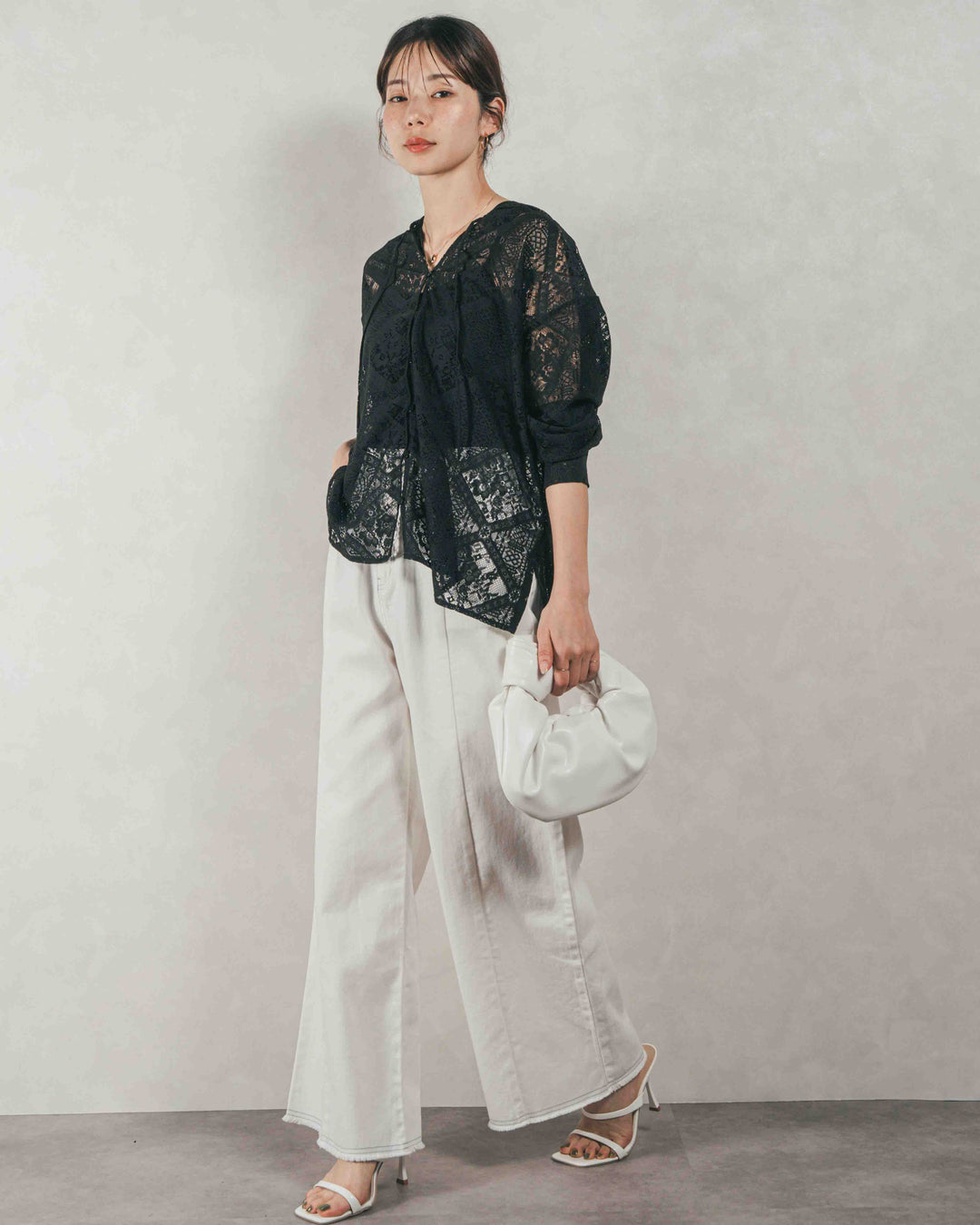 ［SET］Blockレース　フーディーブラウス + 10oz ニュアンスバイカラー リラックスワイドデニム（2SET）