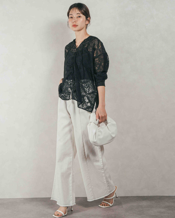 ［SET］Blockレース　フーディーブラウス + 10oz ニュアンスバイカラー リラックスワイドデニム（2SET）