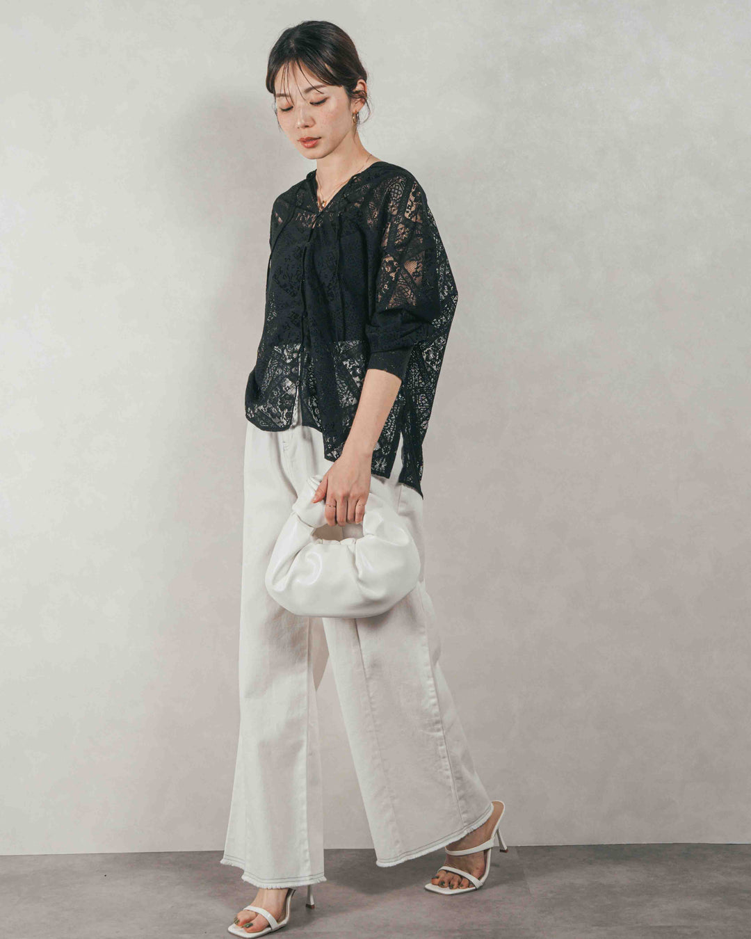 ［SET］Blockレース　フーディーブラウス + 10oz ニュアンスバイカラー リラックスワイドデニム（2SET）