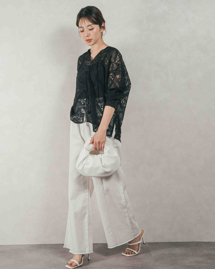 ［SET］Blockレース　フーディーブラウス + 10oz ニュアンスバイカラー リラックスワイドデニム（2SET）