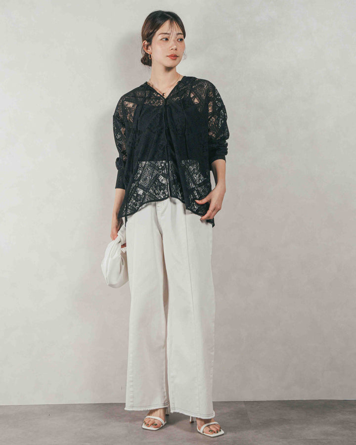 ［SET］Blockレース　フーディーブラウス + 10oz ニュアンスバイカラー リラックスワイドデニム（2SET）