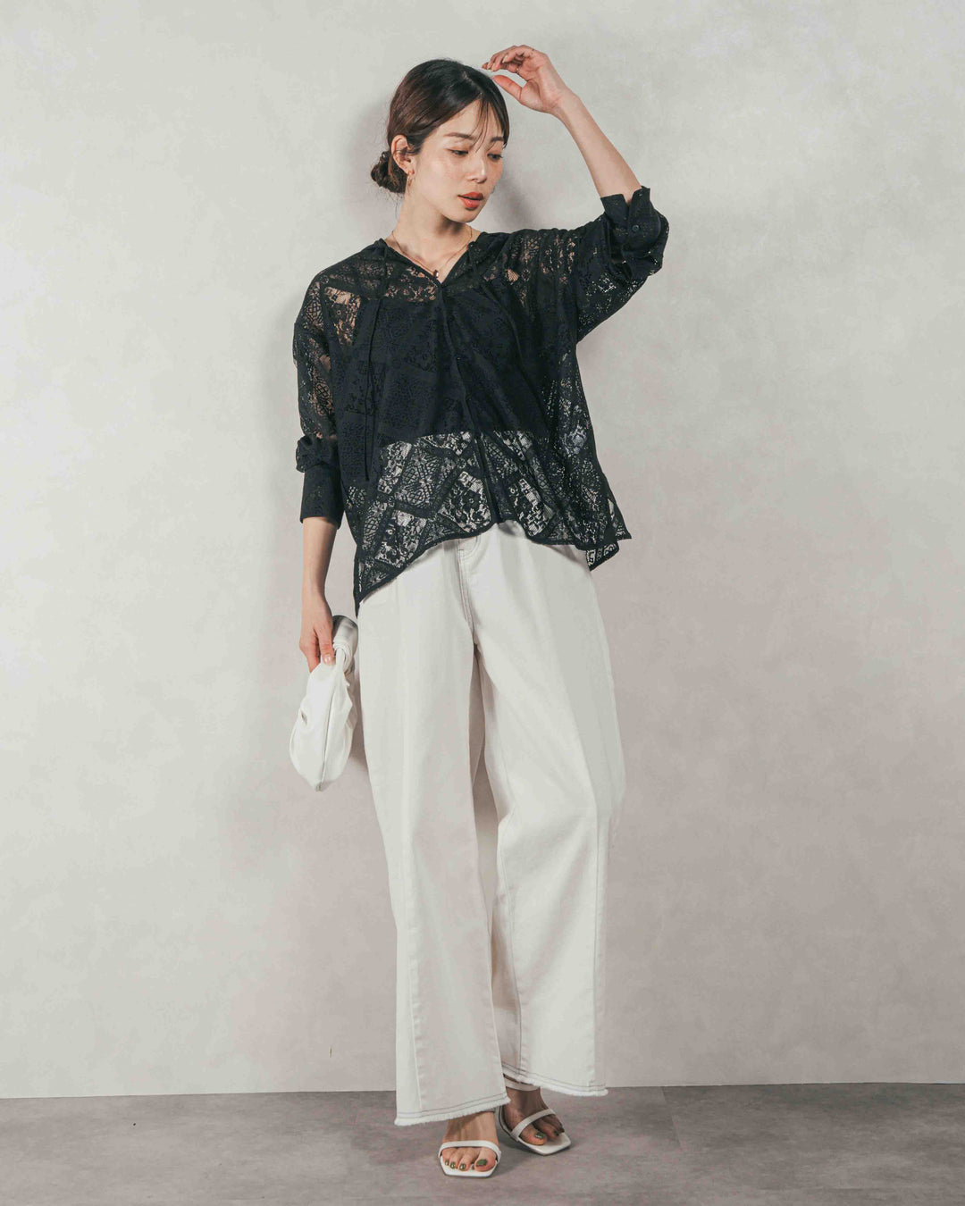 ［SET］Blockレース　フーディーブラウス + 10oz ニュアンスバイカラー リラックスワイドデニム（2SET）