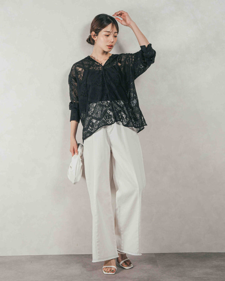 ［SET］Blockレース　フーディーブラウス + 10oz ニュアンスバイカラー リラックスワイドデニム（2SET）