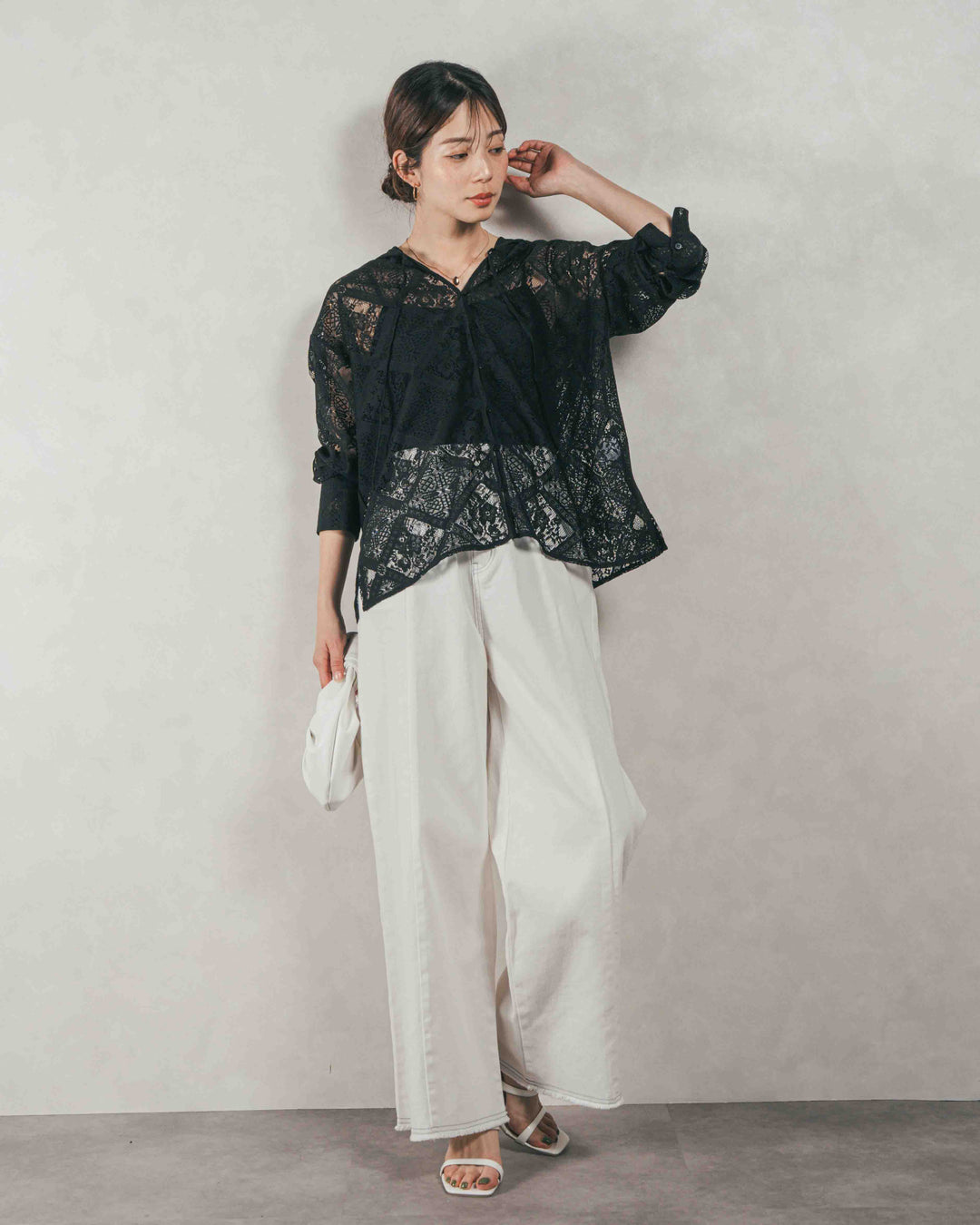 ［SET］Blockレース　フーディーブラウス + 10oz ニュアンスバイカラー リラックスワイドデニム（2SET）