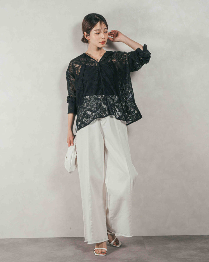 ［SET］Blockレース　フーディーブラウス + 10oz ニュアンスバイカラー リラックスワイドデニム（2SET）