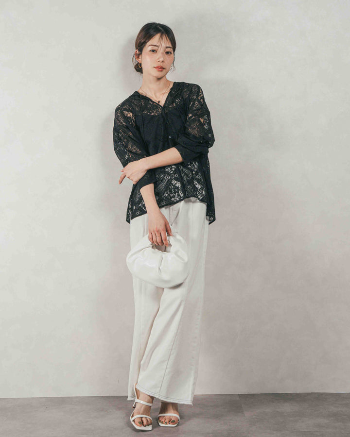 ［SET］Blockレース　フーディーブラウス + 10oz ニュアンスバイカラー リラックスワイドデニム（2SET）