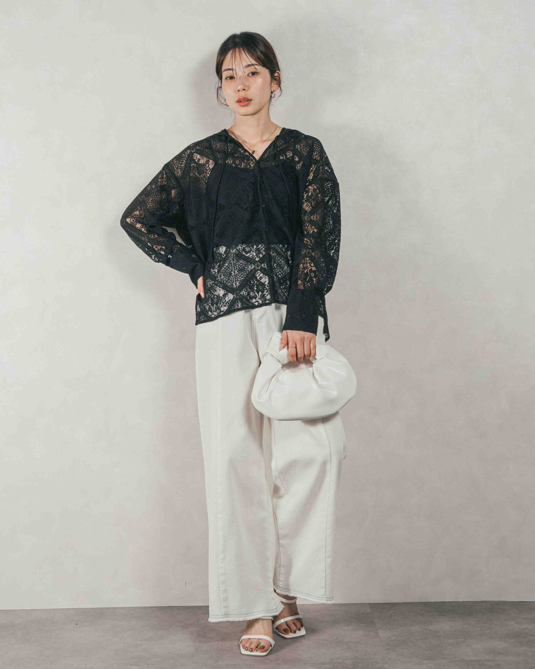 ［SET］Blockレース　フーディーブラウス + 10oz ニュアンスバイカラー リラックスワイドデニム（2SET）