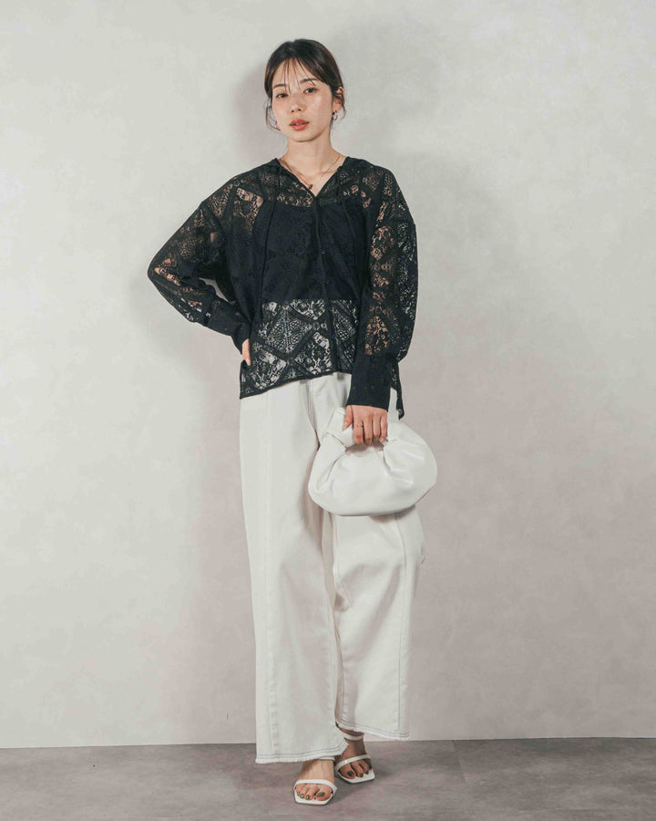 ［SET］Blockレース　フーディーブラウス + 10oz ニュアンスバイカラー リラックスワイドデニム（2SET）