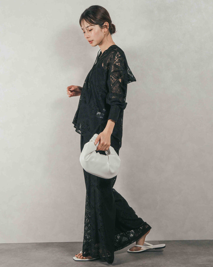 ［SET］Blockレース フーディーブラウス + Blockレース ストレートパンツ（2SET）