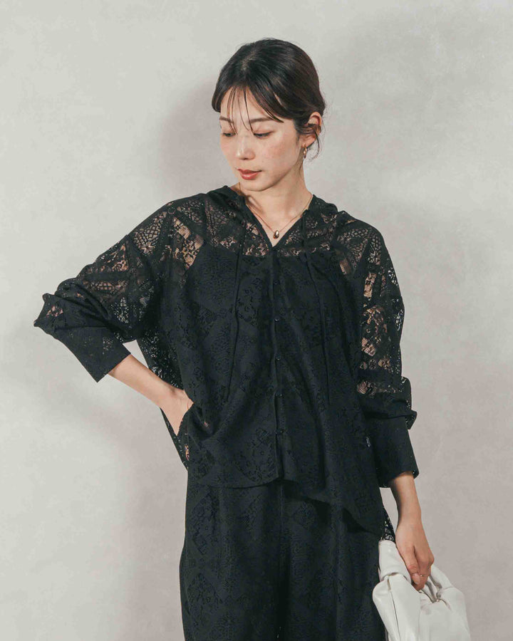 ［SET］Blockレース　フーディーブラウス + Blockレース　ストレートパンツ + デニムライク へリンボーンサロペット（3SET）