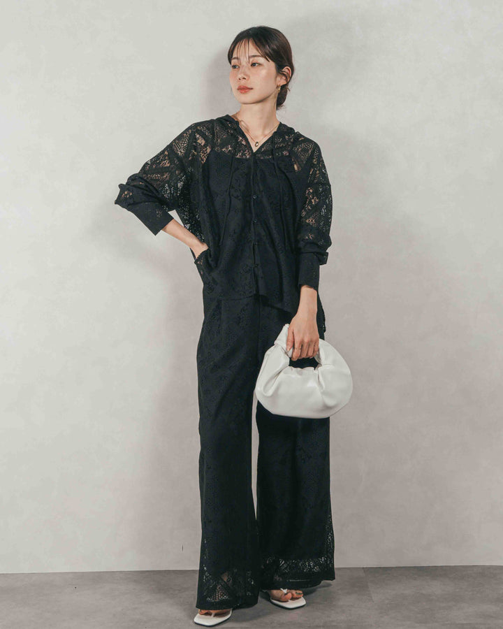 ［SET］Blockレース フーディーブラウス + Blockレース ストレートパンツ（2SET）