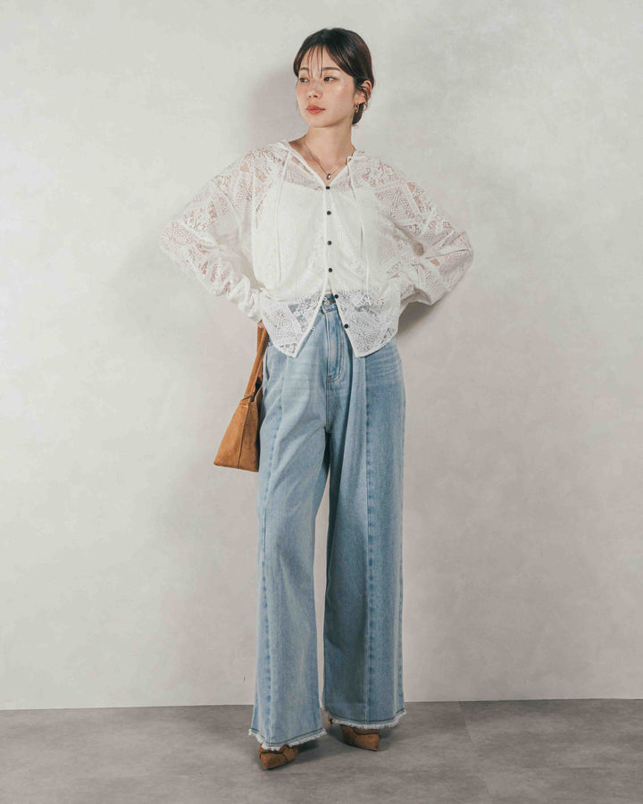 ［SET］Blockレース　フーディーブラウス + 10oz ニュアンスバイカラー リラックスワイドデニム（2SET）