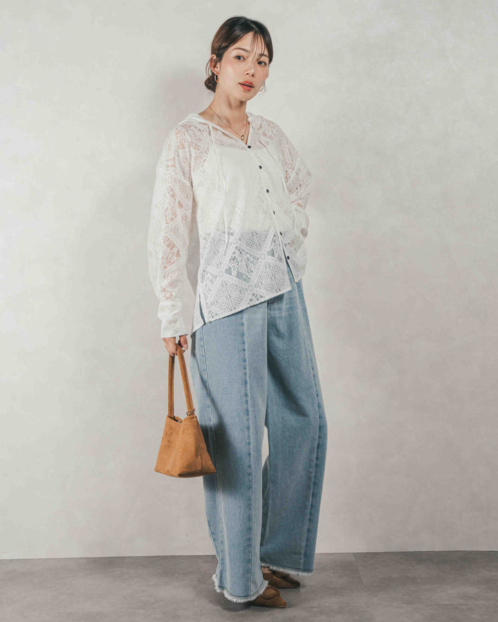 ［SET］Blockレース　フーディーブラウス + 10oz ニュアンスバイカラー リラックスワイドデニム（2SET）